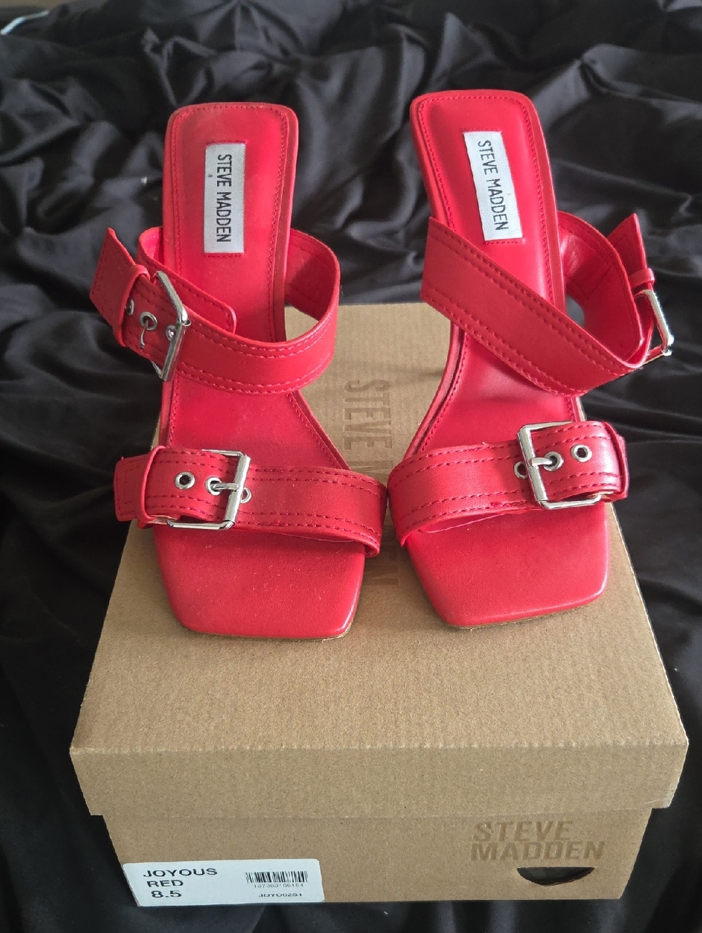 Steve Madden Red Double-Buckle Square-Toe Slide Heels